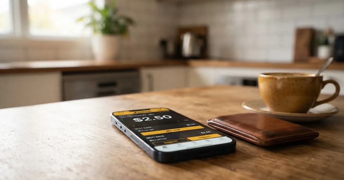 A smartphone on a wooden table beside a wallet and a coffee cup
