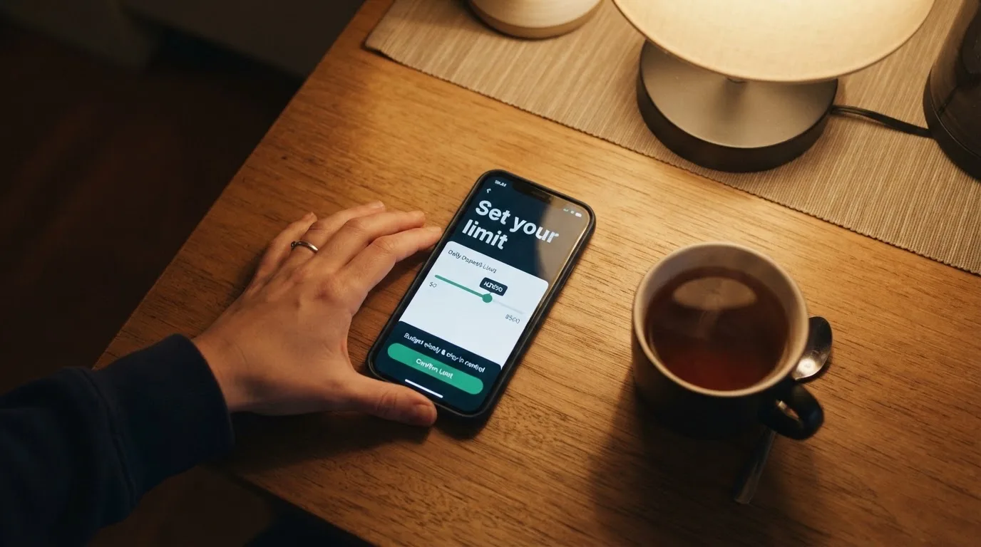 A hand setting a smartphone down beside a cup of tea on a kitchen table on a quiet evening